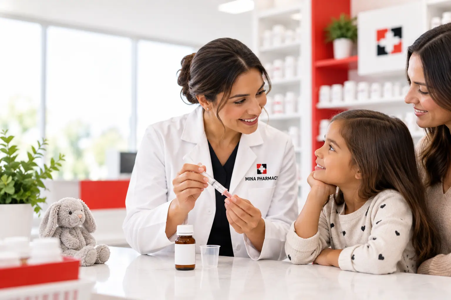 Pharmacist helping a mother and child with medication