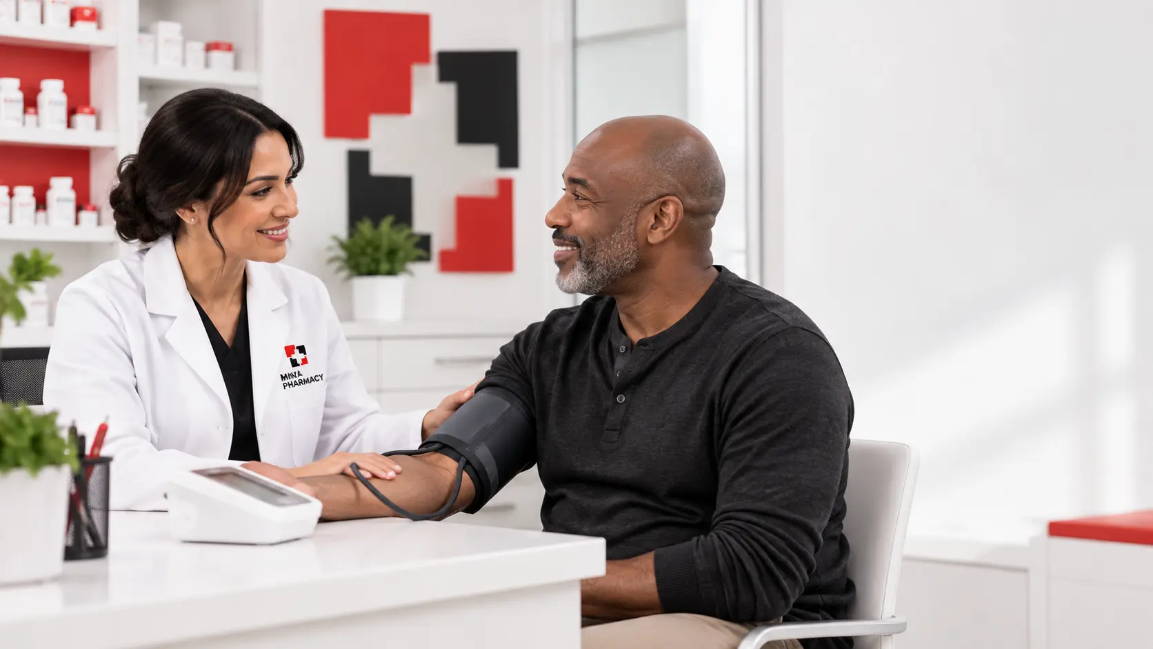 Pharmacist performing a wellness blood pressure check